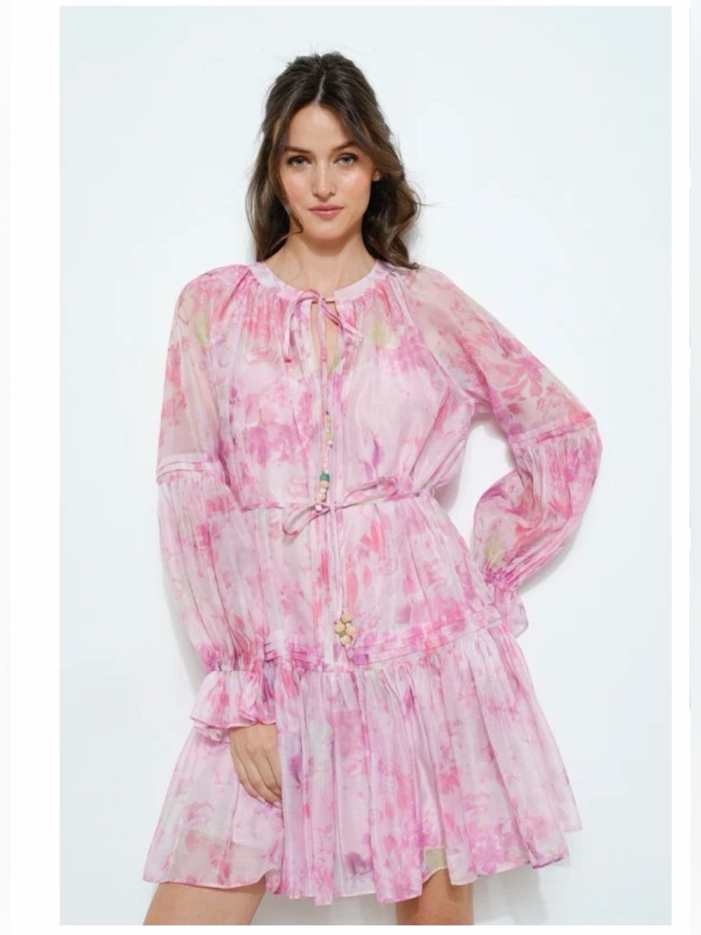 INA Light Pink Watercolor Floral Tie-Waist Mini Dress S new with tag